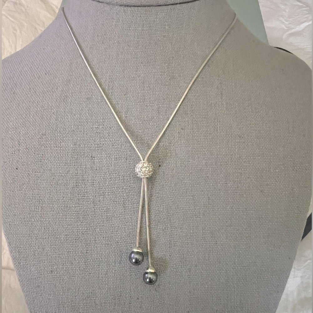 Elegant Silver Necklace with Black Glass Pearl  Accents